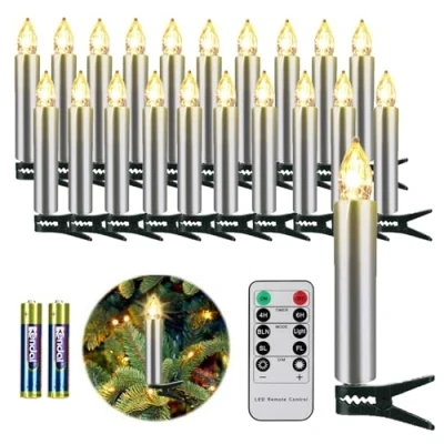 Imagen de FREEPOWER 20 Velas LED árbol de Navidad Plateado con Mando a Distancia Temporizador Parpadeantes, Blanco Cálido, Navidad, Funciona Pilas, Interior Exterior Impermeable（Incluye pilas）