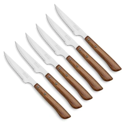 Imagen de Arcos Cuchillos Carne 6 pzas chuleteros Set Cuchillo de Mesa Sierra Mango Madera Hoja 110 mm Apto lavavajillas Envase Carton Ecologico