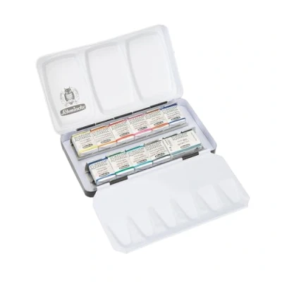 Imagen de Schmincke Horadam Aquarell Caja de pintura compacta metal con 12 acuarelas finas, 74654097, juego pintura, set básico colores Cesc Farré, 10 x 1/2 tazos, 1 1/1 recipiente
