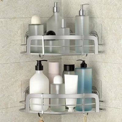 Imagen de STEUGO 2 piezas con esquina de ducha, estante ducha baño, colgante pared pegajosa 4 ganchos móviles, almacenamiento bañera acero inoxidable