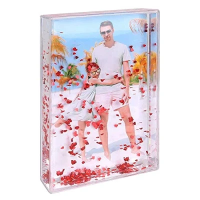 Imagen de marcos de fotos con purpurina líquida para amigos, familiares, regalos mujeres, soporte 4 x 6 pulgadas (10 15 cm) (4 pulgadas, corazón rojo)