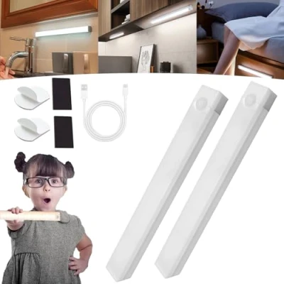 Imagen de Punch Free Smart Sensor Magnetic Rechargeable Led Lights, Motion Activated Cabinet Light Indoor, Under Bedroom Stair Lighting Wireless Indoor (White*2,30CM)