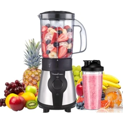 Imagen de Moulinex Blend&amp;Go LM1B1D batidora de vaso 300 W, mini smoothie con jarra plástico 750 ml, incluye botella portátil 4 cuchillas extraíbles, acabado acero inoxidable