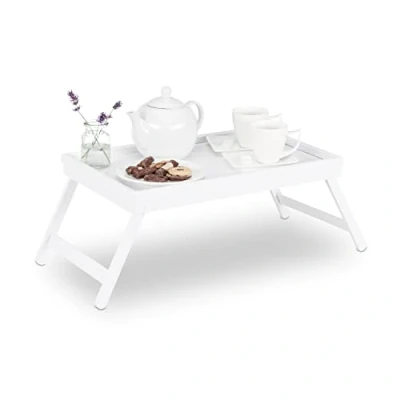 Imagen de Relaxdays Bandeja Cama con Patas Plegables, Madera, Blanco, 22 x 64 31 cm