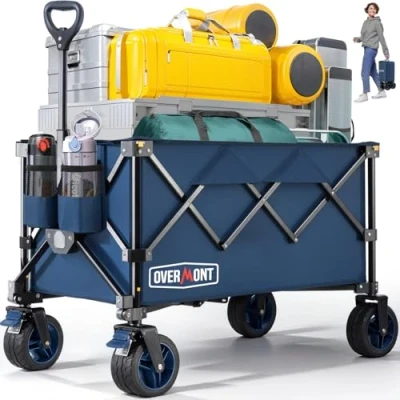 Imagen de Overmont Carro Playa plegable con Ruedas Carrito de Jardín Todo 150L 150 kg Terreno Desmontables Grandes Carros transporte Portavasos per Camping Compras Deportes Azul