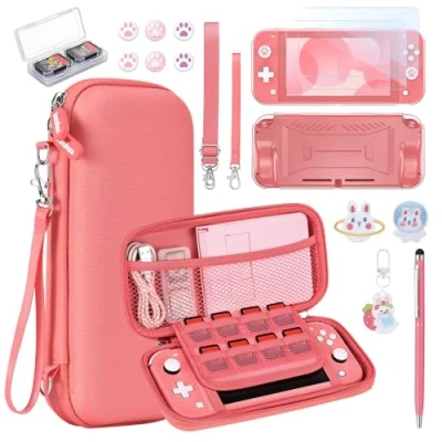 Imagen de Funda NS Switch Lite innoAura Accesorios 17 en 1 con Carcasa de Transporte Lite, videojuegos Switch, Protector Pantalla Lite,Soporte Switch(Coral)