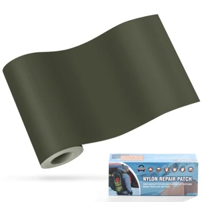 Imagen de Parches de nailon autoadhesivos, OAZ 10x160 cm parche reparación impermeable autoadhesivo, autoadhesivo Verde militar, para tiendas campaña, plumíferos, sacos dormir