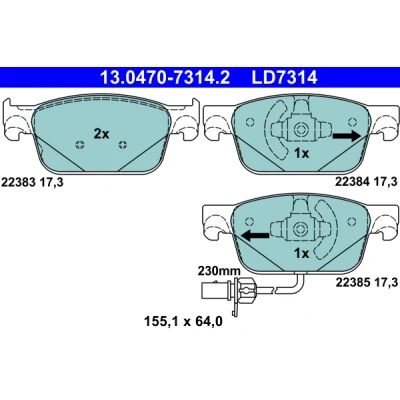 Imagen de ATE 13.0470 7314.2 Juego de pastillas freno con contacto aviso desgaste incorporado AUDI: A4 B9 Avant, Berlina, A5 Sportback