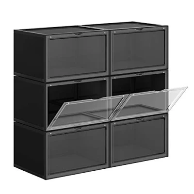 Imagen de SONGMICS LSP06CB Juego de 6 cajas apilables para zapatos con puerta plástico, tamaño hasta 46 x 28 22 cm, color negro