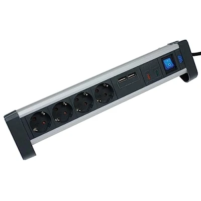 Imagen de as Schwabe regleta de 4 enchufes protección contra sobretensiones Aluminio con Interruptor y Infantil, 2 Puertos USB, Cable 1,5 m, Conector Schuko, 1 Pieza, Color Blanco, 18361