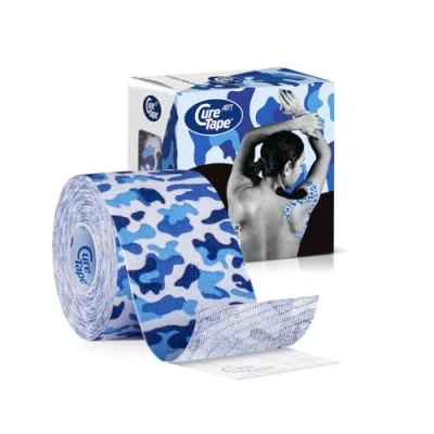 Imagen de CureTape Art Cinta de Kinesiología Impresa sin Cortar Rollo 5 cm x 5m Vendaje Neuromuscular Resistente al Agua para Rodilla, Brazo, Hombro, Piernas y Músculos La Mejor Adhesión Azul Militar