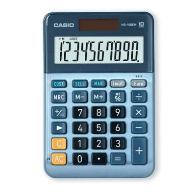 Imagen de Casio MS 100EM Calculadora de Escritorio con Pantalla Extra Grande 10 dígitos, energía Solar/batería, cálculo avanzado Porcentaje, conversión Moneda en Euros, Azul