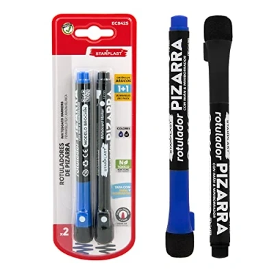 Imagen de Starplast PACK 2 ROTULADORES PARA PIZARRA BLANCA Rotulador BROCHIN, punta redonda 2.0mm con borradore imán 1 Negro + Azul