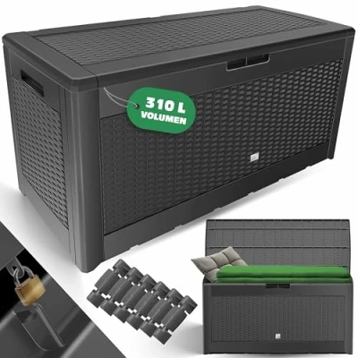 Imagen de KESSER® Caja para Cojines 310 litros con Ruedas, Tapa Plegable, Asas, de jardín Aspecto ratán, jardín, Resistente a la Intemperie, Almacenamiento.