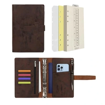 Imagen de Wonderpool A6 Carpeta de Cuero 6 Anillas Papel Punteado Organizador Recargable Cuaderno Escritura y Funda con Múltiples Bolsillos Para Viajes Estudio Negocios (A6, Café)