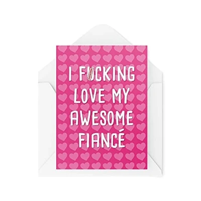 Imagen de Tongue in Peach Tarjeta de felicitación cumpleaños con texto en inglés I F*cking Love My Awesome Fiancée Día San Valentín Aniversario para él Pareja Lindo Corazones Novedad CBH534