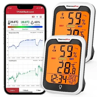 Imagen de ThermoPro TP358 Termómetro Higrómetro Inteligente con Bluetooth, Digital Casa Pantalla LCD Retroiluminada, Almacenamiento de Datos, Alertas, Hora y Fecha, 2 Piezas