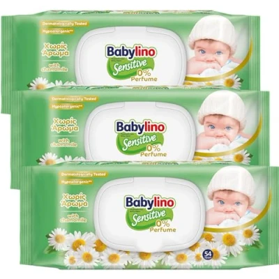 Imagen de Babylino Sensitive toallitas Sin Fragrancia, Fórmula 98% Natural que restaura el pH de la piel, 3 envases con cierre ahorra frescor, 162