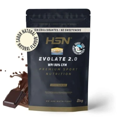 Imagen de HSN Aislado de Proteína Suero Evolate 2.0 (Sin Edulcorantes) Sabor Natural Chocolate 2Kg = 67 Tomas por Envase Whey Protein Isolate CFM + Enzimas Digestivas Vegetariano, Sin Gluten ni Soja