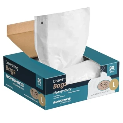 Imagen de SONGMICS Bolsas de Basura, 20 L Basura con Cordones, 160 Piezas, Código L, Resistentes, Caja Dispensación Rápida, Blanco Crema KRB021A04