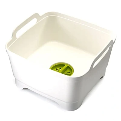 Imagen de Joseph Wash&amp;Drain Barreño Fregadero para Vajilla, Cubo Lavado/Escurridor de Platos con Asas y Tapón Drenaje, en Plastico, Capacidad 9 Litros, Blanco/Verde
