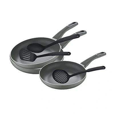 Imagen de San Ignacio Trébol Sartenes Antiadherentes Set de 3 Piezas con Utensilios Cocina Fabricadas Aluminio Prensado 20, 24 y 28cm Diámetro Para Todo Tipo Cocinas.