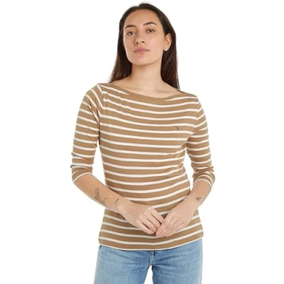 Imagen de Tommy Hilfiger Camiseta de Manga Larga para Mujer Slim con Cuello Barco, Multicolor (Breton Stp/ C Khaki/ Ecru), XS