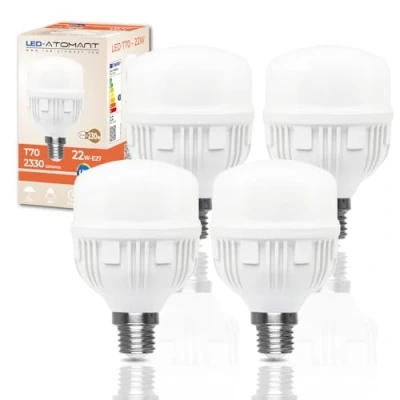 Imagen de LED ATOMANT Pack 4x Bombilla E27 T70 22W, Color Blanco Frio (6500K), 2330 Lumenes, Equivalente a 230W tradicional