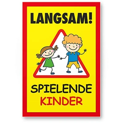 Imagen de cartel con texto en alemán, «ir cuidado, hay niños jugando», color amarillo y rojo, 20 x 30 cm, de advertencia, señal tráfico para conducir más lento, calles plazas