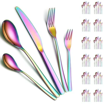 Imagen de ReaNea Juego de Cubiertos 60 Piezas Servicio para 12 Titanio Arco Iris Incluye Cuchillos, Cucharas, Tenedores, Cucharas Té, Tenedores Postre