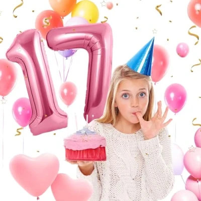 Imagen de Globos de 17 cumpleaños,Rosa pulgadas Globo número, decoraciones número cumpleaños para hombre y mujer, inflable lámina Rosa