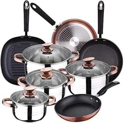 Imagen de Bateria de cocina 8 piezas SAN IGNACIO Premium Nona, acero inoxidable, con juego sartenes (20/24/28 cm) y grill 28 cm Moma en aluminio forjado