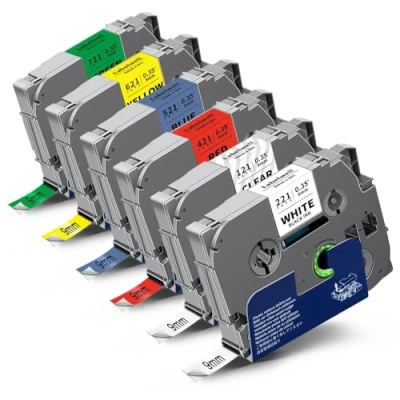 Imagen de 6X Labelwell 9mm Compatible Cintas para Brother TZe 221 121 421 521 621 721 TZ P touch PT H107B H105 H100 H110 P710BT E110 E100 E300 D400
