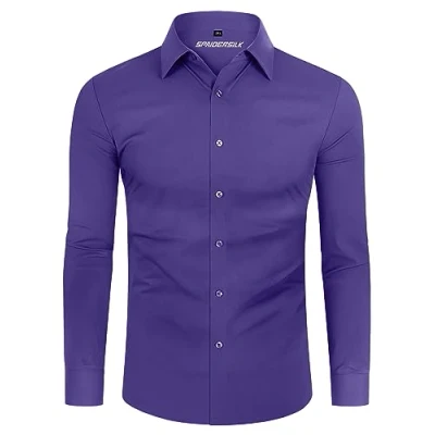 Imagen de DEMEANOR Camisa para hombre, elástica, manga larga, informal, corte ajustado, camisas de negocios, no necesita planchado, morado, XXXL