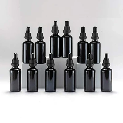 Imagen de YIZHAO Negro Frasco Cuentagotas Cristal 50ml, con Goteros Cristal, para Aceite Esencial, Laboratorio, Aromaterapia, Fragancia, Masaje, Cosméticos, Viajes 12Pcs