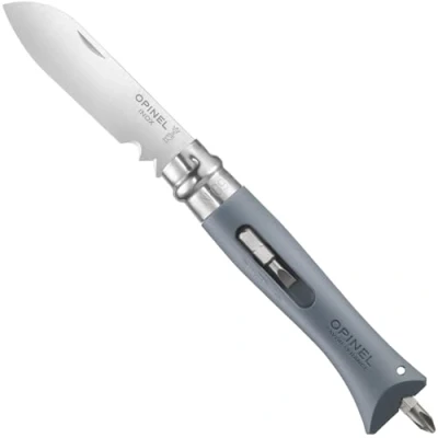 Imagen de OPINEL Cuchillo DIY N09 Gris Hoja Cortadora y Pelacables de Acero Inoxidable Mango con 2 Puntas Destornillador Anillo Seguridad Virobloc Fabricado en Francia