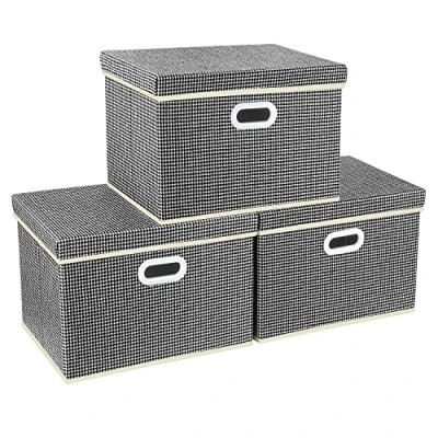 Imagen de TYEERS Grandes Cajas de Almacenaje con Tapa, Tela, Patrón, Lavable, Organizadoras, 44x30x29 cm, Juego 3, Negro