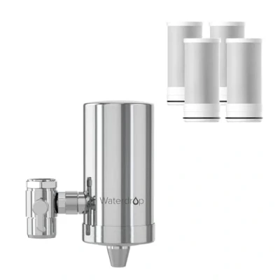 Imagen de Waterdrop WD FC 06 Filtro de Agua Para Grifo Acero Inoxidable,Sistema Filtración con Bloque Carbón,Reduce el Cloro,el olor y Mal Sabor(4 Filtros Incluidos)