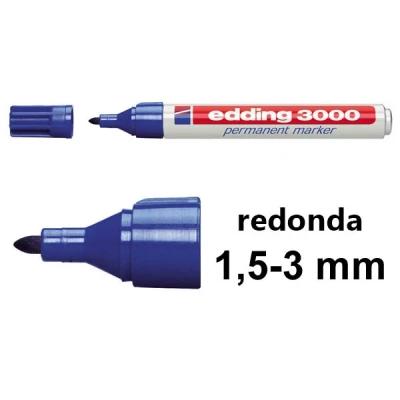 Imagen de edding 3000 marcador permanente azul 1 rotulador punta redonda 1,5 3 mm indeleble de secado rápido resistente al agua y a los borrones cartón, plástico, madera, metal, tela universal