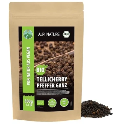 Imagen de pimienta negra Tellicherry orgánica (500g), granos de cultivo orgánico controlado, probado en laboratorio, 100% puro y natural