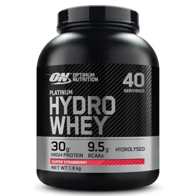 Imagen de Optimum Nutrition Platinum Suero Hydro, Aislado de Proteína Leche Hidrolizada en Polvo con Aminoácidos Esenciales, Glutamina y BCAA, Sabor Super Fresa, 40 Porciones, 1,6 kg