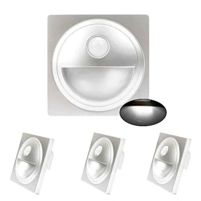 Imagen de Arote Juego de 4 luces LED para escaleras con detector movimiento, 230 V, color plateado (para caja interruptor 60 mm, luz blanca fría)
