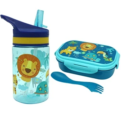 Imagen de Juego de 3 piezas cantimplora la selva para niños, botella agua Tritan 12,5 cm, lonchera 20 cm con tenedor, material no tóxico sin BPA, picnic, escuela, 400 ml