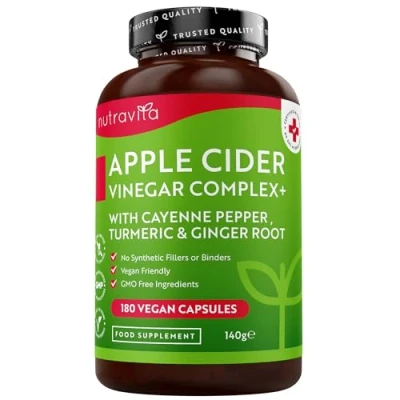 Imagen de Complejo de Vinagre Sidra Manzana 180 Cápsulas Veganas Puro, Crudo, Sin Filtrar Con Pimienta Cayena y Raíces Cúrcuma Jengibre Fabricado Por Nutravita