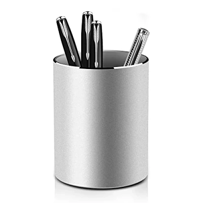 Imagen de VAYDEER Portalápices de Metal Soporte para Bolígrafos Aluminio Redondo Organizador Escritorio y Caja Almacenamiento Lápices Oficina, Escuela, Hogar Niños, 8x10 cm, Plateado