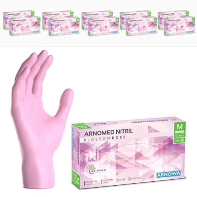 Imagen de ARNOMED guantes nitrilo talla M, rosa, de nitrilo, 1000 unidades (10 cajas), desechables sin polvo, goma látex, en tallas XS, S, M y L