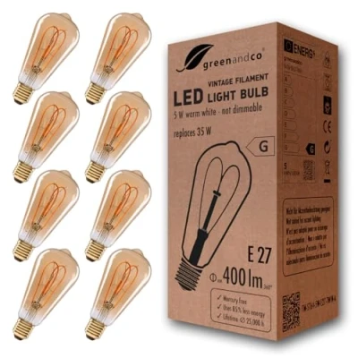 Imagen de greenandco 8x Bombilla de filamento LED Vintage E27 ST64 5W (corresponde a 35W) 400lm 2000K (blanco cálido) 360 230V vidrio, sin parpadeo, no regulable