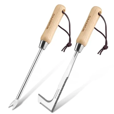 Imagen de WORKPRO Herramientas de Deshierbe 2 Piezas, Extractor y Horquilla para Malas Hierbas Grietas, Desherbador Manual con Mango Madera Filo Dentado, Azadillas Jardinería