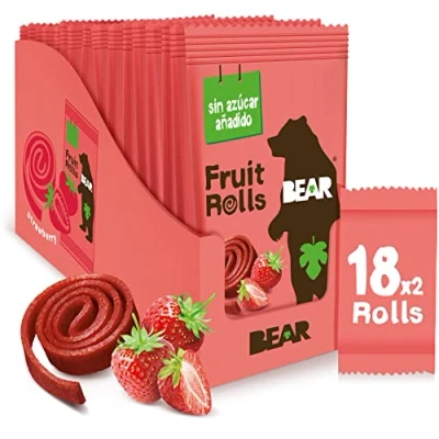 Imagen de BEAR Rollitos de Fruta Sabor Fresa Ingredientes 100% Naturales Snacks Saludables para el Colegio y Almuerzo Niños Adultos 18 bolsitas 20g