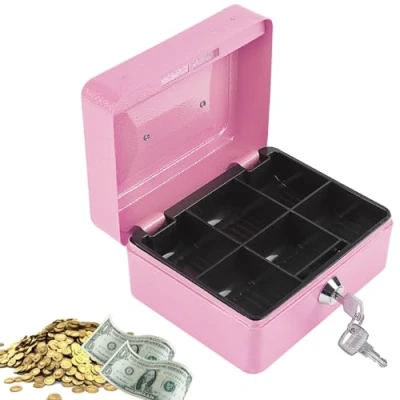 Imagen de caja de efectivo con cerradura, Mini seguridad chica almacenamiento dinero portátil acero cerradura para monedas (rosa)